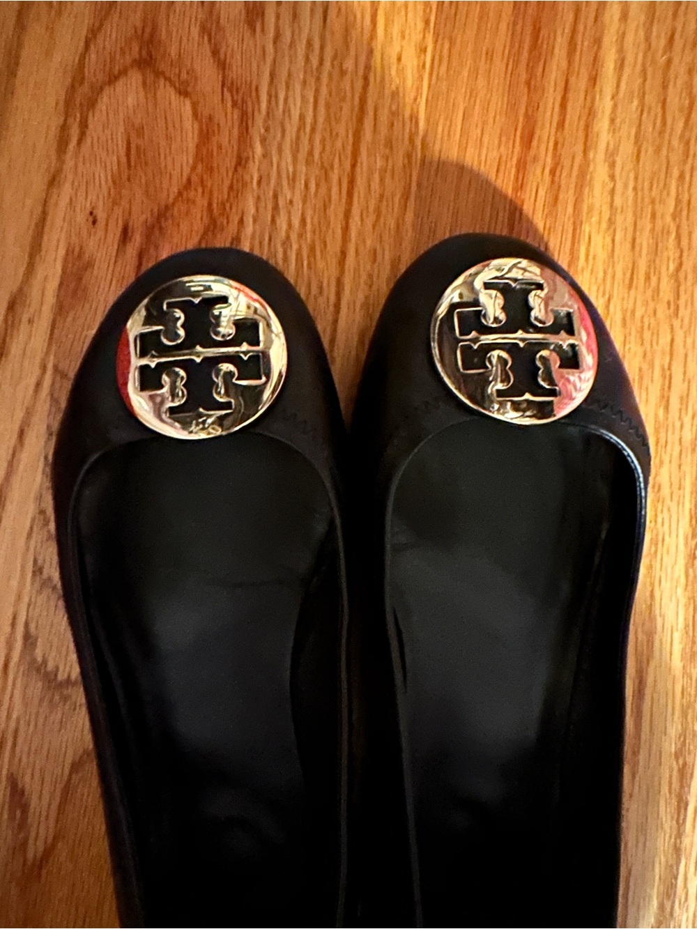 Tory Burch Black Leather Gold Logo Medallion Ballet Flats
